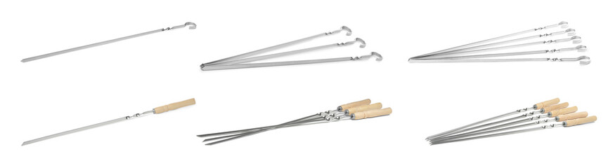 Set with metal skewers on white background. Banner design