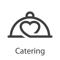 Logotipo con texto Catering con bandeja de comida con tapadera con corazón con lineas en color gris