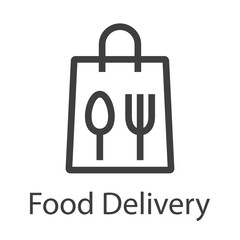 Logo con texto Food Delivery con tenedor y cuchara en bolsa de la compra con lineas en color gris