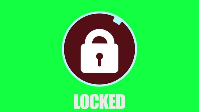 Clever motion graphic element of a circular system security logo with padlock, being hacked and unlocked, turning from red to green, with locked unlocked text, on a green background for chroma keying