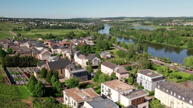 Aerial view of the city of Remich and the Moselle river in Luxembourg.
