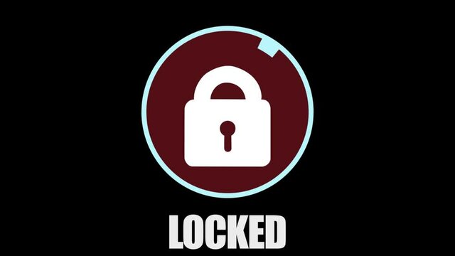 Clever motion graphic element of a circular system security logo with padlock, being hacked and unlocked, turning from red to green, with locked unlocked text, on a black background