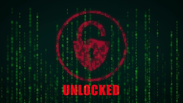 High tech motion graphic, with animated binary code theme, with flashing text, showing a locked system logo becoming unlocked, with matrix style binary code rain code flowing upwards