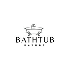 Beautiful Elegant Bathtub With Floral Leaves Drawing Logo Vector Illustration Template Icon Design