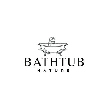 Beautiful Elegant Bathtub With Floral Leaves Drawing Logo Vector Illustration Template Icon Design