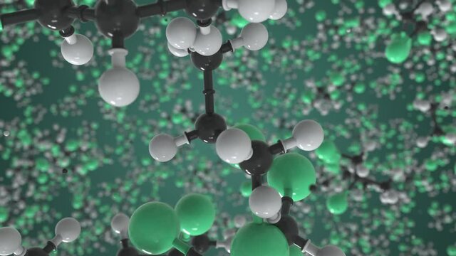 Molecule of 2-bromo-1-chloropropane, conceptual molecular model. Conceptual looping 3d animation
