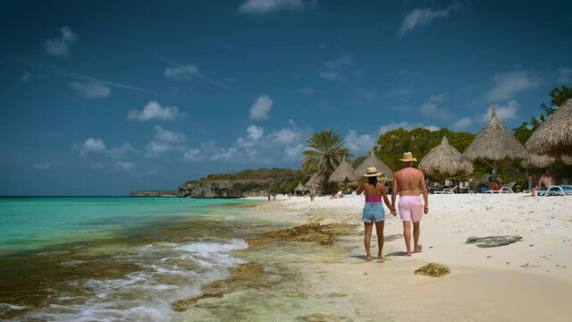  Cas Abou Beach on the Caribbean island of Curacao, Playa Cas Abou in Curacao Caribbean tropical white beach with the blue ocean. drone footage