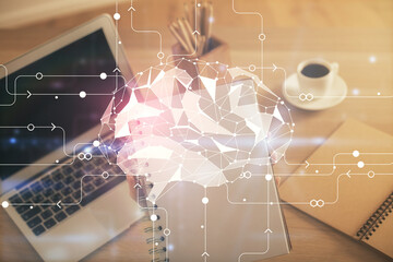 Multi exposure of woman hands working on computer and human brain hologram drawing. Ai tech concept.