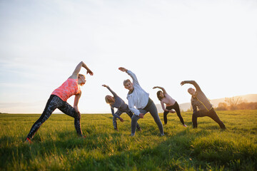 Fototapeta na wymiar Group of seniors with sport instructor doing exercise outdoors in nature at sunset, active lifestyle.