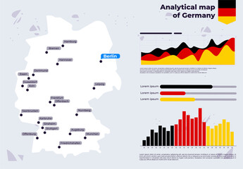 Obraz premium Vector illustration analytical map of Germany with cities, infographic template for Germany, graphs and statistics