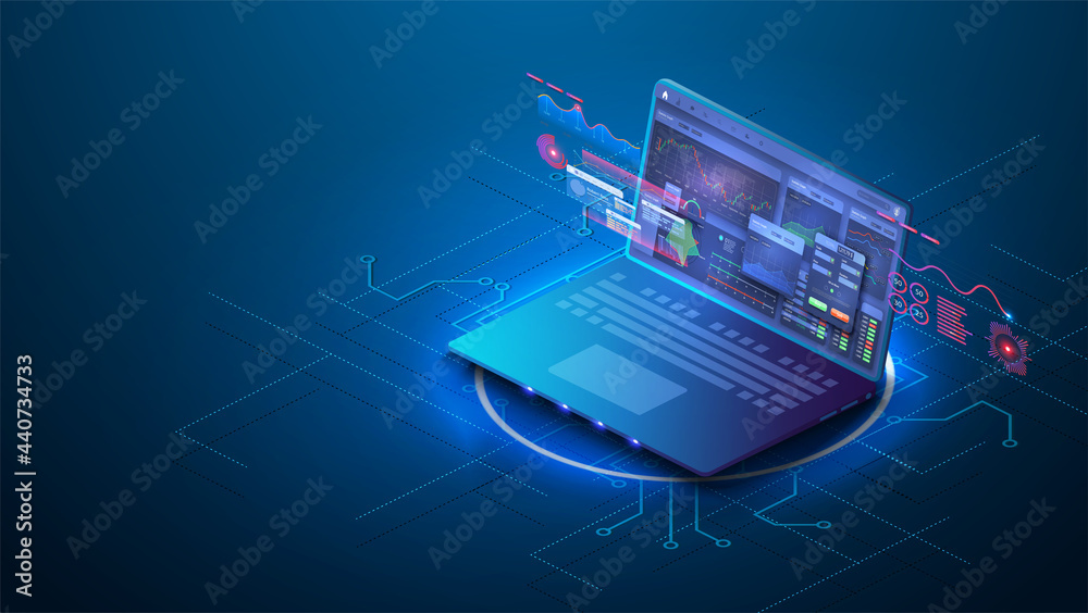 Leinwandbilder dashboard application on laptop with business analytics data, charts. forex market. binary option. s