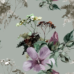 Hibiscus flowers and grass bouquet watercolor isolated on grey background seamless pattern for all prints.