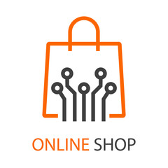 Logo con texto Online Shop con circuito digital en bolsa de la compra en color naranja y gris
