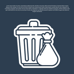 Blue line Trash can and garbage bag icon isolated on blue background. Garbage bin sign. Recycle basket icon. Office trash icon. Vector Illustration