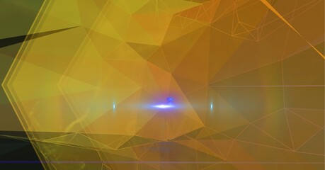 Digitally generated image of spot of light against 3d structures on yellow technology background