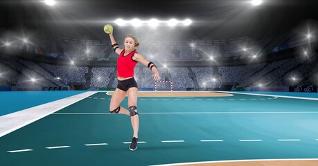 Portrait of female throw ball player against sports field in background