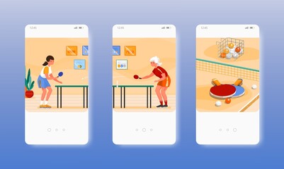 Girls playing table tennis ping pong sport game. Mobile app screens, vector website banner template. UI, web site design