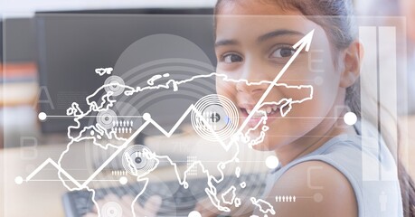 Digital interface with data processing against portrait of girl using computer
