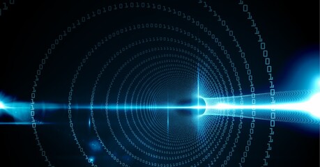 Binary coding data processing over digital tunnel against spot of light on black background