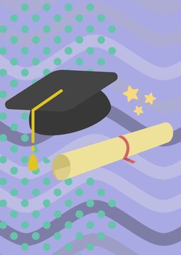 Graduation hat and diploma degree icons against green dots and wavy lines on purple background