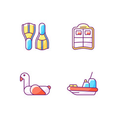 Summer vacations RGB color icons set. Swimfins. Double pool float. Children swim ring. Rescue boat. Diving fins. Isolated vector illustrations. Dual air mattress simple filled line drawings collection