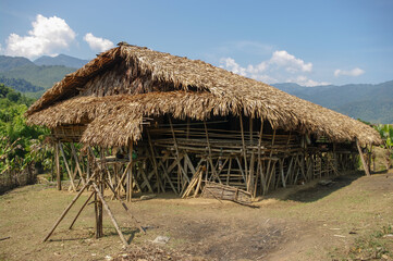 Rural landscape view of traditional Adi Galong or Galo tribal house on stilts with ritual sacrifice altar in the mountains of Arunachal Pradesh, India