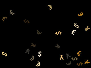 Euro dollar pound yen metallic symbols flying money vector design. Commerce backdrop. Currency