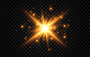 Golden light. A flash of light, a magical glow, particles of sparks. Sun, sun rays png. Light png. Vector image.