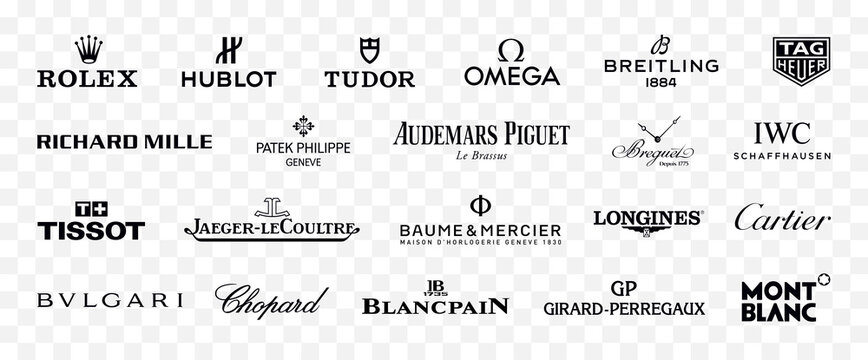Luxury watches brand, black logo set : Rolex, Hublot, Omega, Breitling, Tag-Heuer, Richard Mille, Patek Philippe, Audemars Piguet, IWC, Cartier, Bulgari, BlancPain, Montblanc... Isolated logos vector.