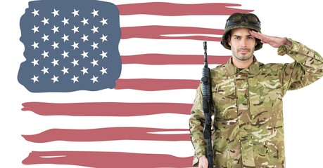 Composition of male soldier saluting over american flag