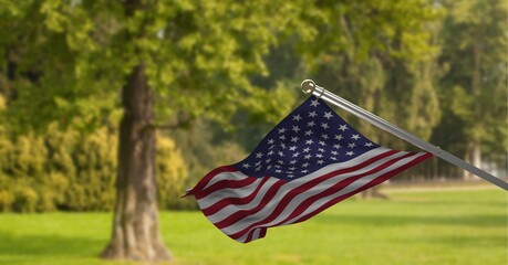 Composition of american flag over park