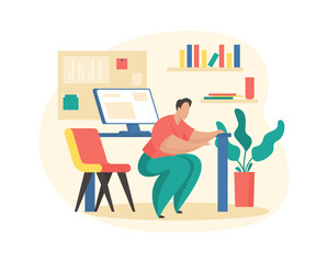 Man crouches near workplace. Warm up after long hours of work. Fitness office worker workout muscles. Physical relaxation with good mood and improvement work process. Vector illustration isolated