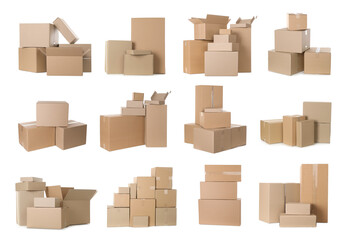 Set with different cardboard boxes on white background - Powered by Adobe