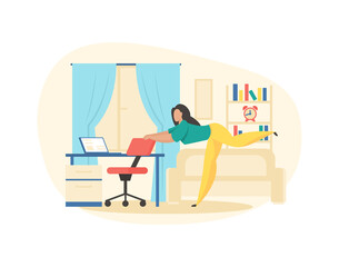 Active fitness in workplace. Woman doing stretching holding on chair. Freelancer physical warm up after long sedentary work. Raising muscle tone and mood. Vector illustration isolated