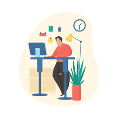 Man works at computer standing. Distribution load on back with improved muscle tone. Wellbeing relax and productive work. Office workout passive fitness. Vector illustration isolated
