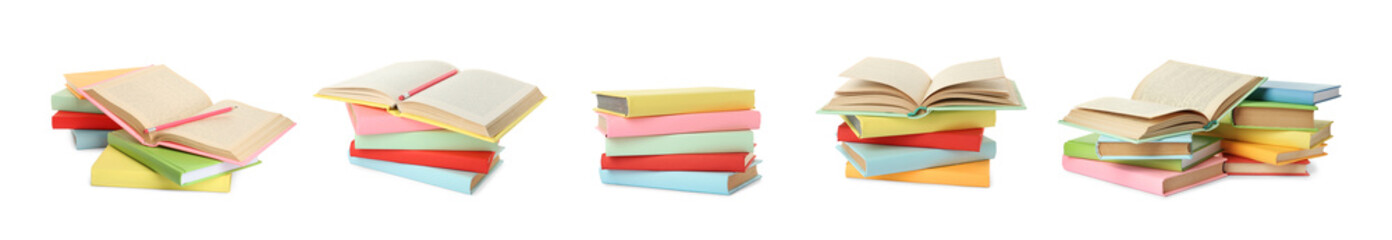 Set with different hardcover books on white background. Banner design