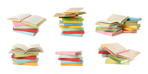 Set with different hardcover books on white background. Banner design