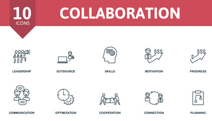 Collaboration icon set. Contains editable icons teamwork theme such as leadership, skills, progress and more.