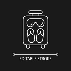 Open suitcase for summer vacation white linear icon for dark theme. Amenity to bring to sea resort. Thin line customizable illustration. Isolated vector contour symbol for night mode. Editable stroke