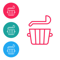 Red line Sauna bucket and ladle icon isolated on white background. Set icons in circle buttons. Vector