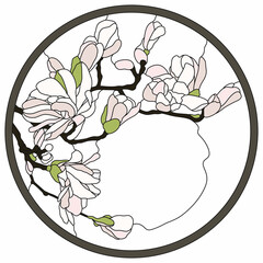 Colored stained-glass window in a round frame. Orchid floral arrangement of buds and leaves in the art Nouveau style. Vector illustration