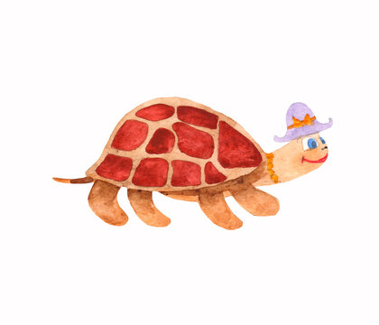 Hand-drawn watercolor turtle. Children's illustration of a turtle.