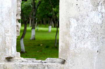 Summer park with green grass and trees. View from the old damaged window. Photo in frame. Old historical building. Positive summer background