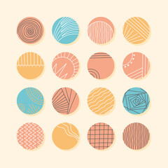 Collection of creative abstract geometric social media highlight covers.Design stories round icon collection.Spots, waves, stripes, spirals, dots, lines, checks and other patterns.Vector illustration