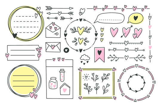Cute bullet journal element doodles with hearts, love theme.Hand drawn banners and marks for notebook, planner or diary.Frames, borders, vignettes, dividers,notes,lists collection.Vector illustration