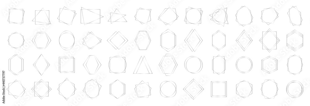 Wall mural set of silver geometrical polyhedrons. collection geometric frames. gold wedding invitation, luxury  - Wall murals