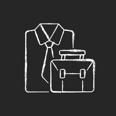 Formal clothing and briefcase chalk white icon on dark background. Professional worker outfit and bag. White collar employee clothes. Work routine. Isolated vector chalkboard illustration on black