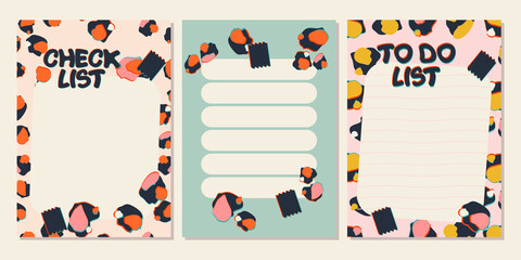 Collection of notepaper, to-do list, checklist decorated with leopard spots illustrations. Cute scheduler and organizer. Vector