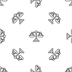 Grey line Scales of justice icon isolated seamless pattern on white background. Court of law symbol. Balance scale sign. Vector.