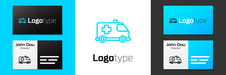 Blue line Ambulance and emergency car icon isolated on white background. Ambulance vehicle medical evacuation. Logo design template element. Vector.